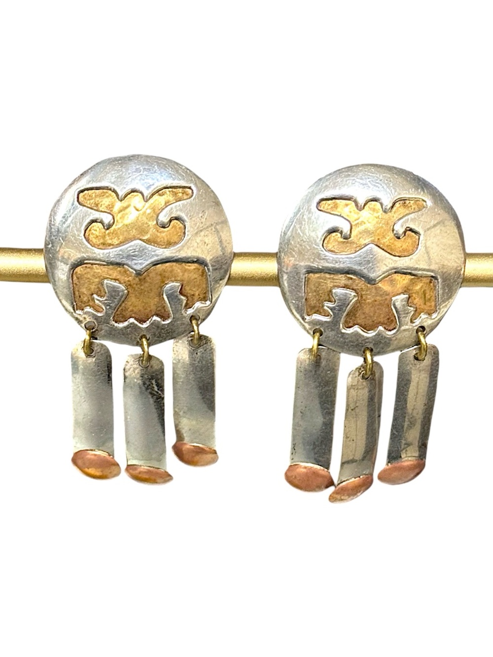 80’s Vintage Southwestern Sterling Mixed Metal Bird Statement Clip-On Earrings